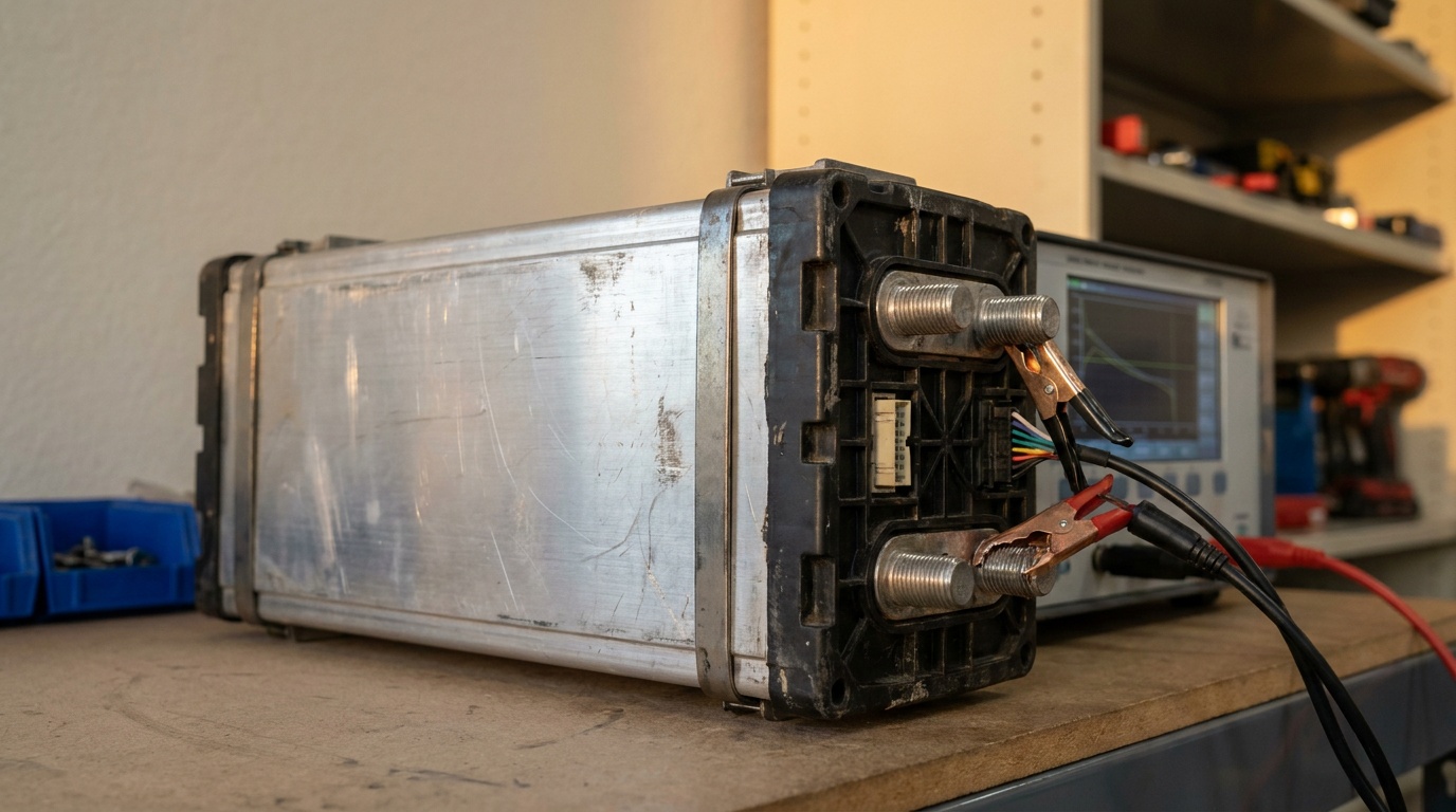 A A123 26S3P pouch module LFP battery module on a workshop bench