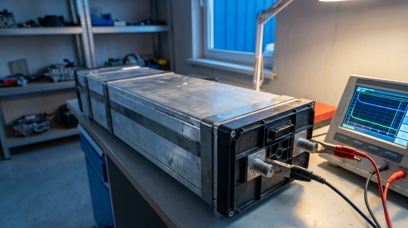 A Audi e-tron NMC battery module on a workshop bench