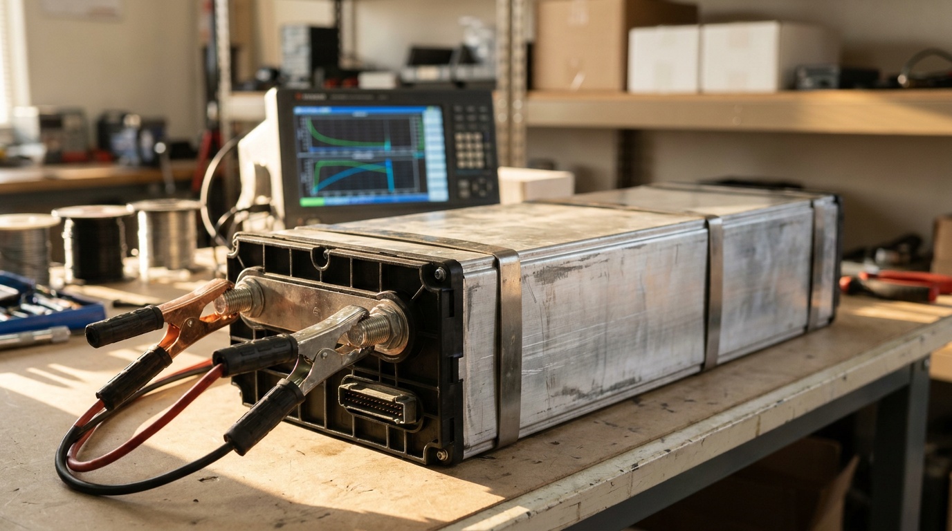 A EnerDel 48 V module (32 Ah) NMC battery module on a workshop bench