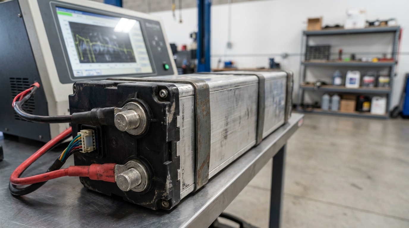 A EnerDel 48 V module (50 Ah) NMC battery module on a workshop bench
