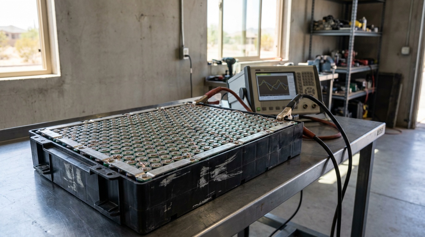 A Panasonic NCR18650PF NCA battery module on a workshop bench