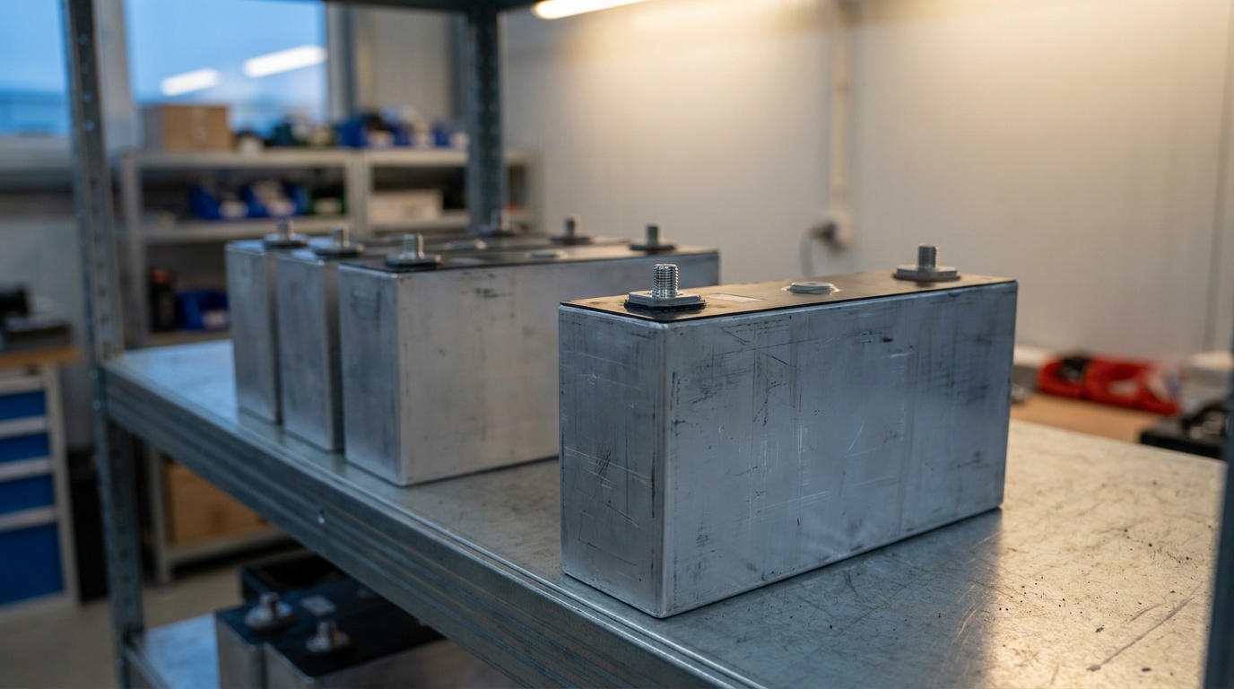 A Samsung SDI 94 Ah NMC battery cells on a workshop bench