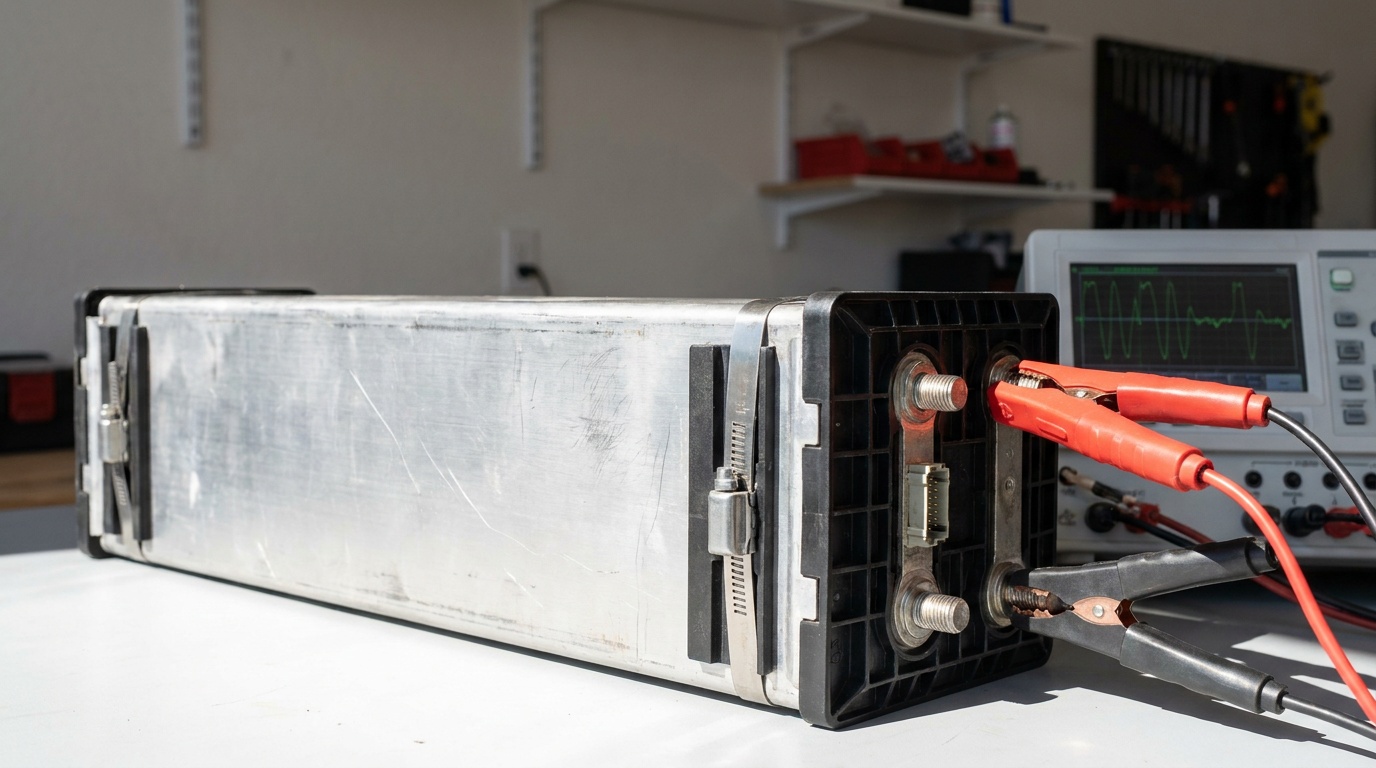 A Smart #1 NMC battery module on a workshop bench