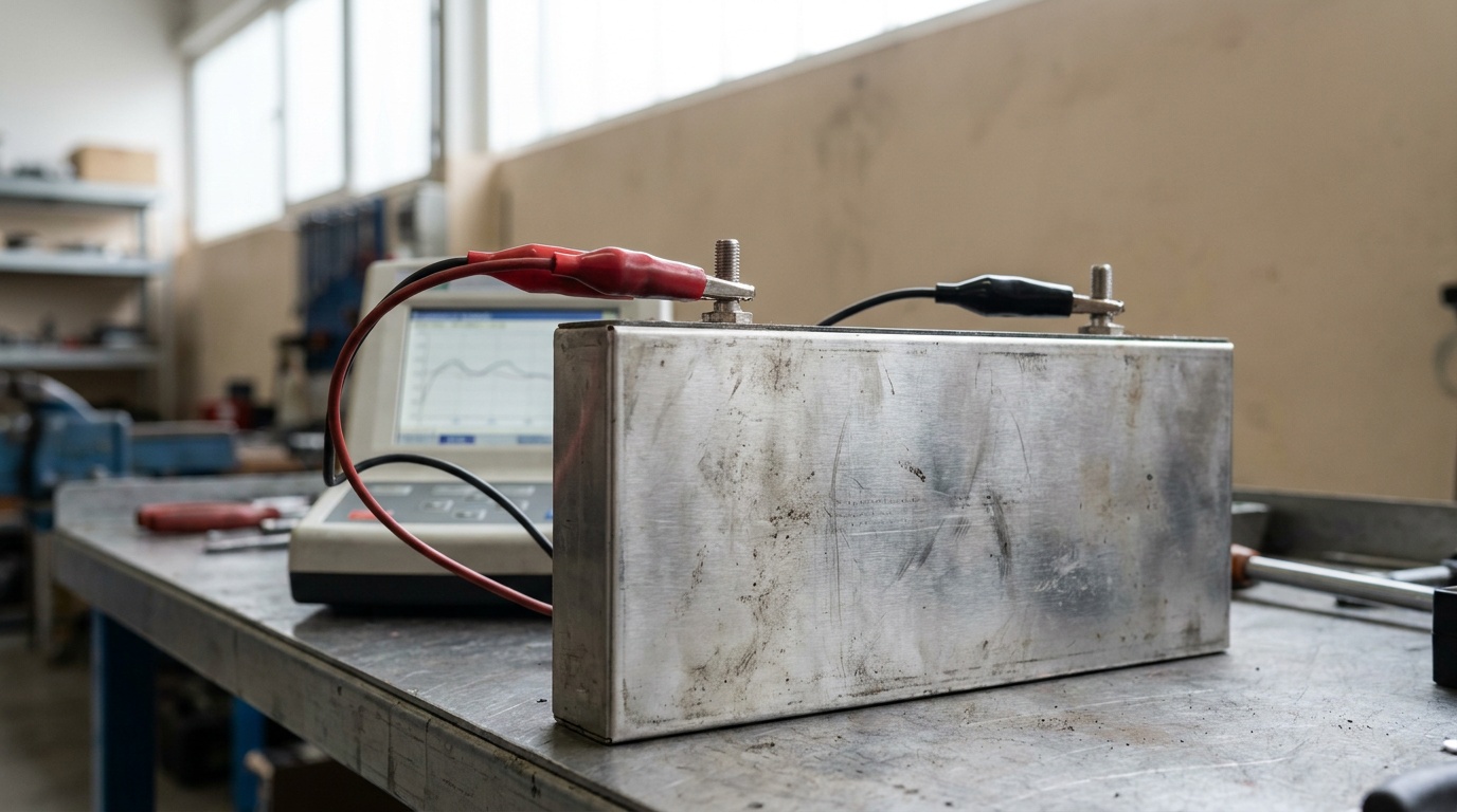 A Toyota Highlander Hybrid 2006–2019 nickel-metal hydride hybrid battery module on a workshop bench