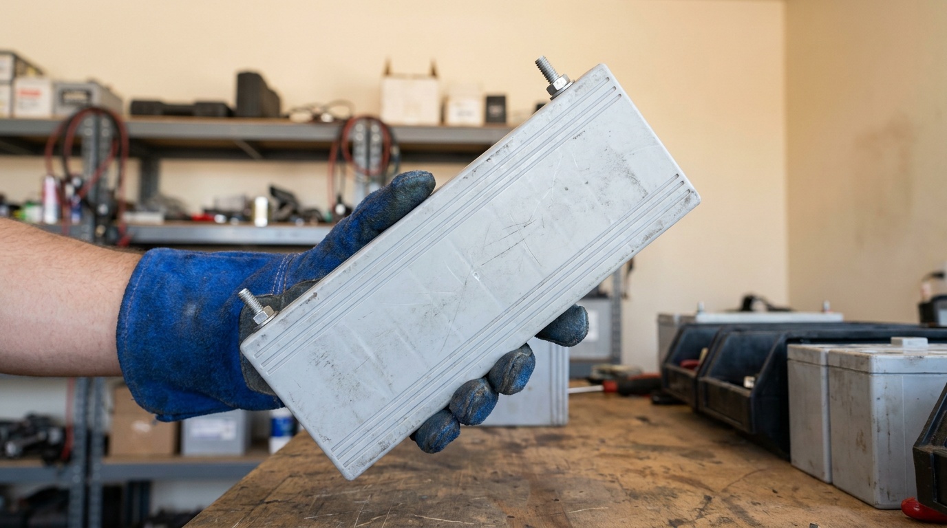 A Toyota Prius v 2012–2017 nickel-metal hydride hybrid battery module on a workshop bench