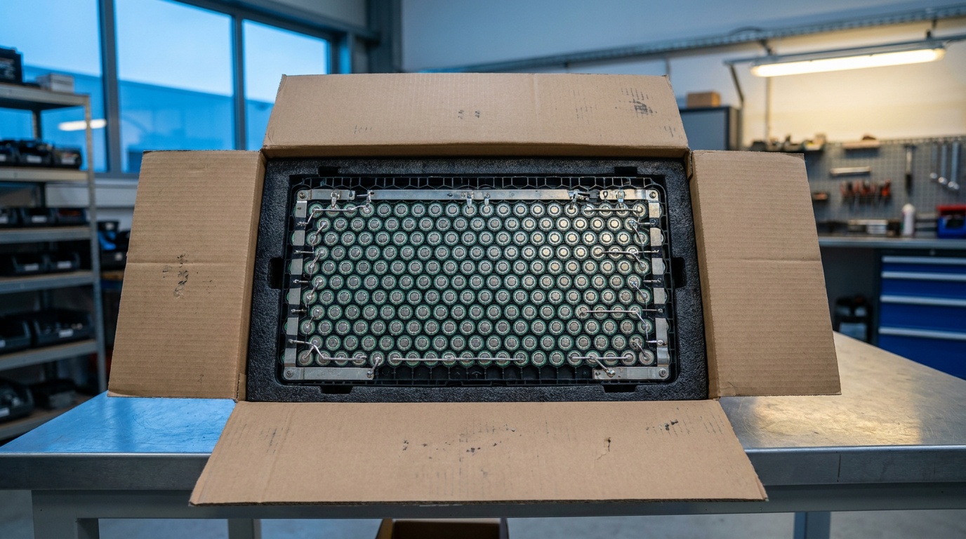 A Toyota RAV4 EV (18 V) NCA battery module on a workshop bench