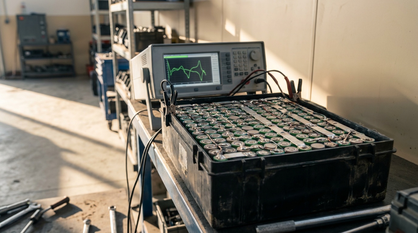 A Toyota RAV4 EV NCA battery module on a workshop bench