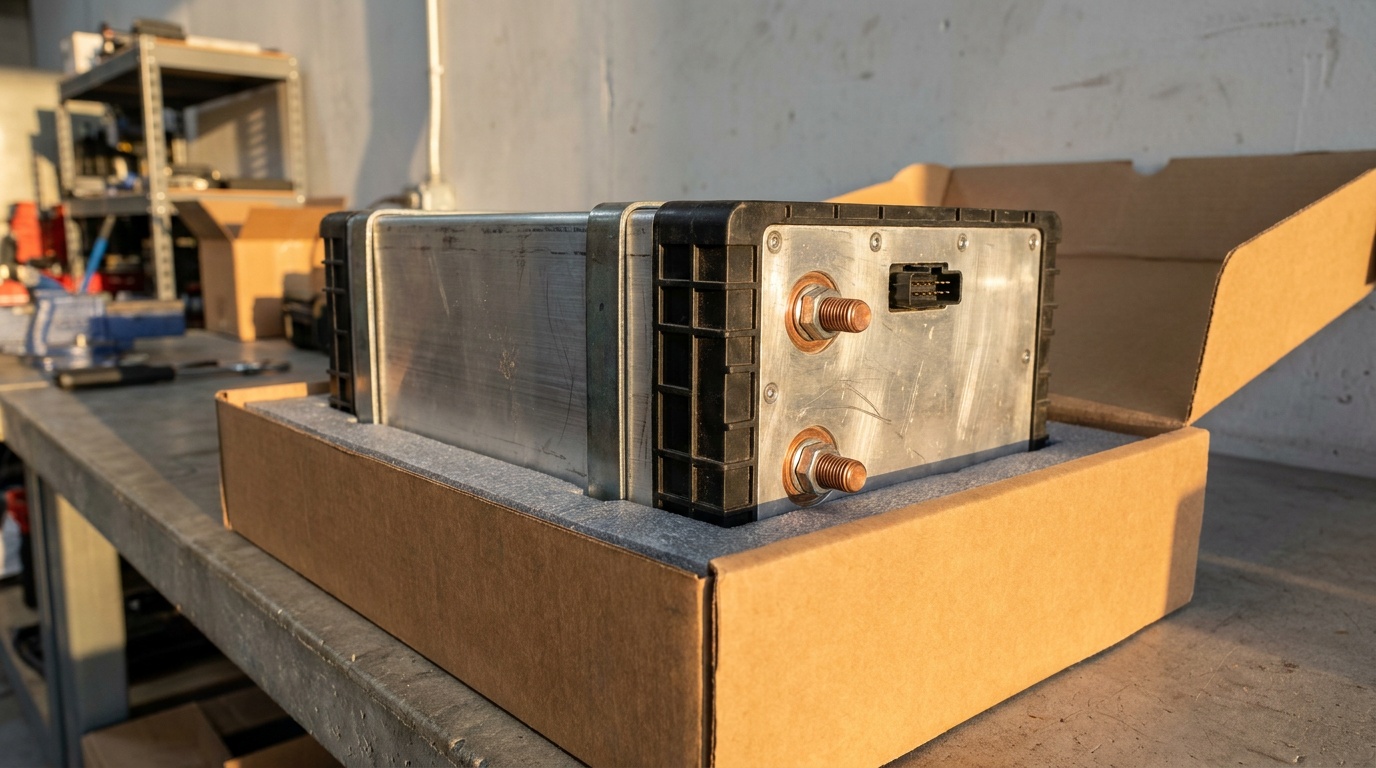 A Volkswagen ID.4 (12S) NMC battery module on a workshop bench
