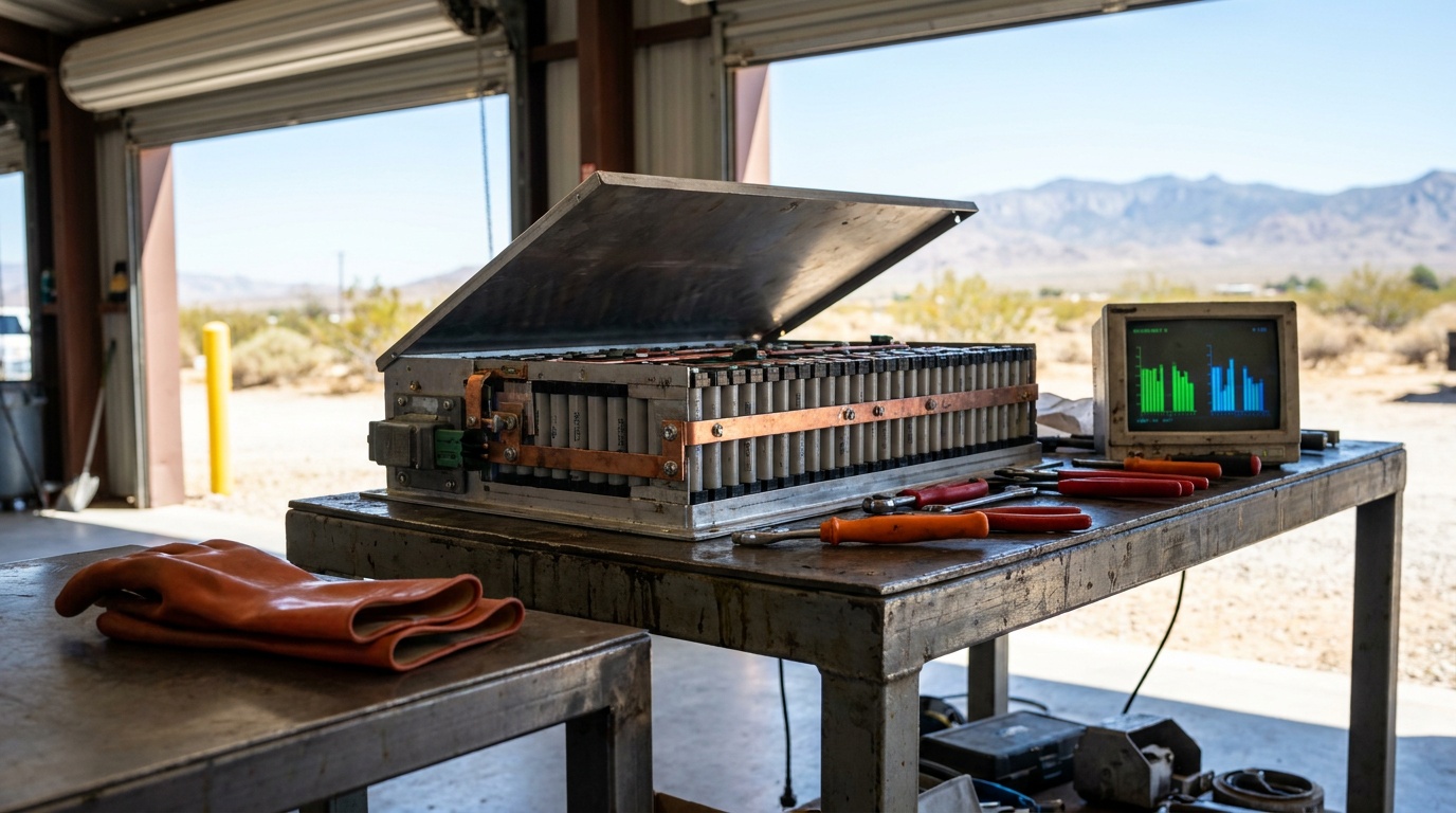 A hybrid battery pack opened on a workshop bench with its modules and busbars visible