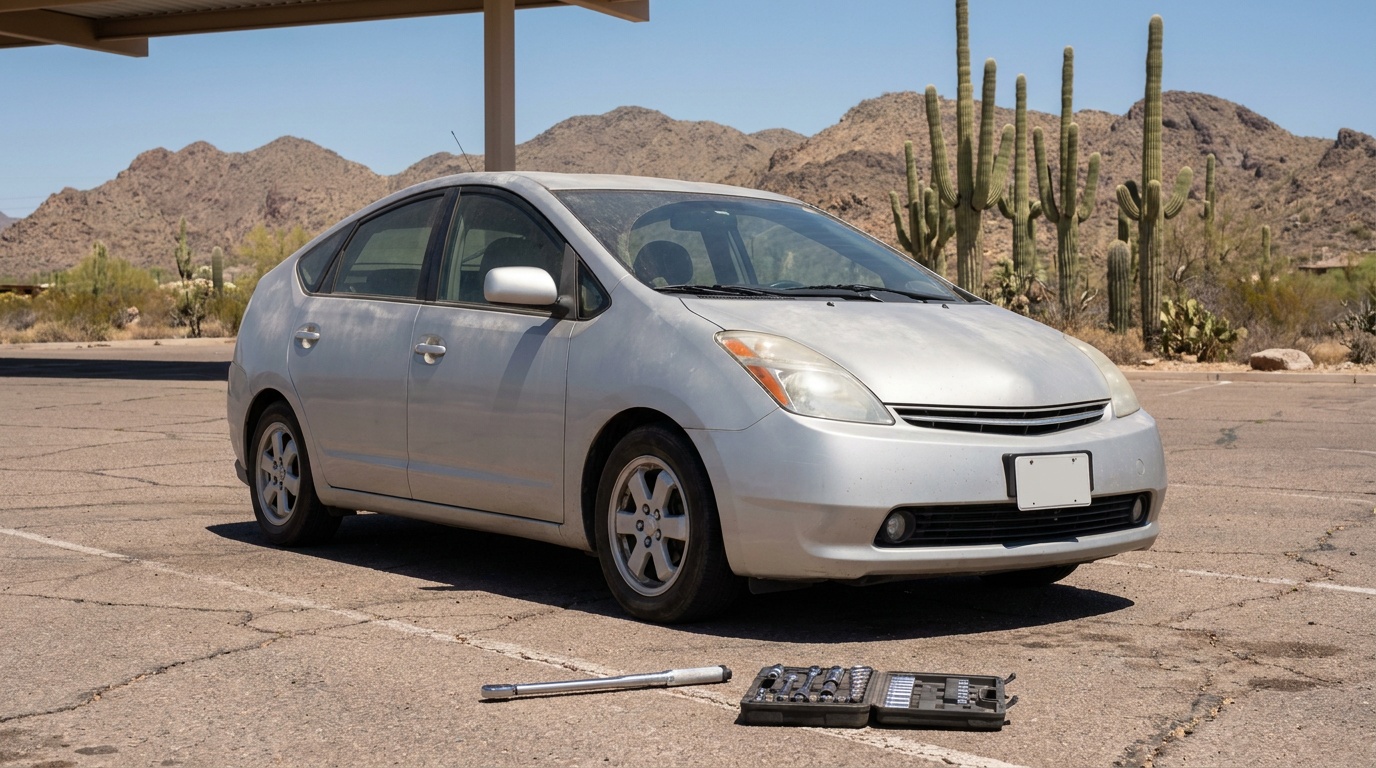 A hybrid car parked on hot asphalt in the Arizona desert