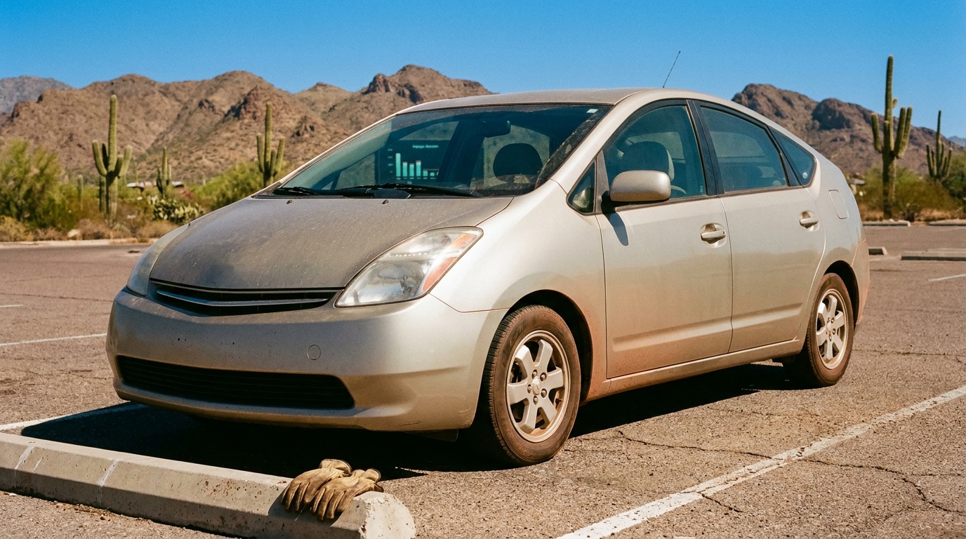 A hybrid car parked on hot asphalt in the Arizona desert