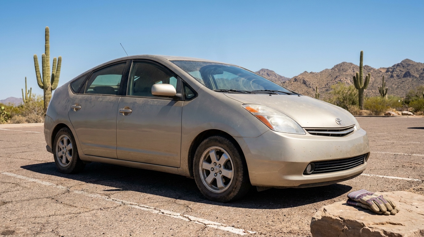 A hybrid car parked on hot asphalt in the Arizona desert