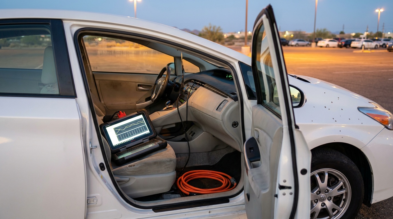 A diagnostic scan tool connected to a hybrid car showing live battery data